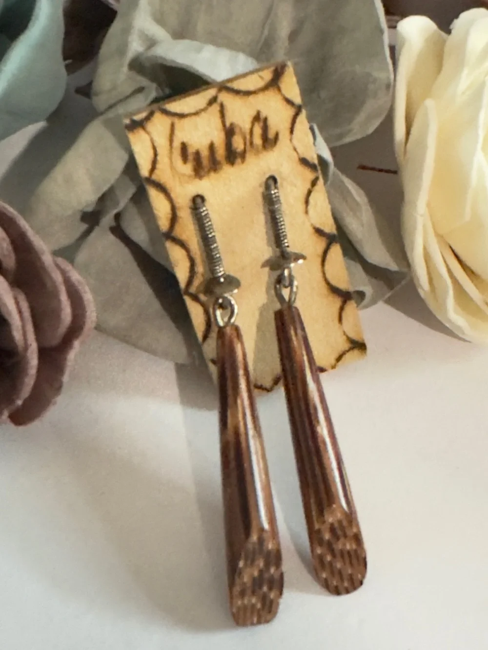 Handmade Cuban Wooden Drop Earrings Elongated Tapered Dangle Artisan Jewelry
